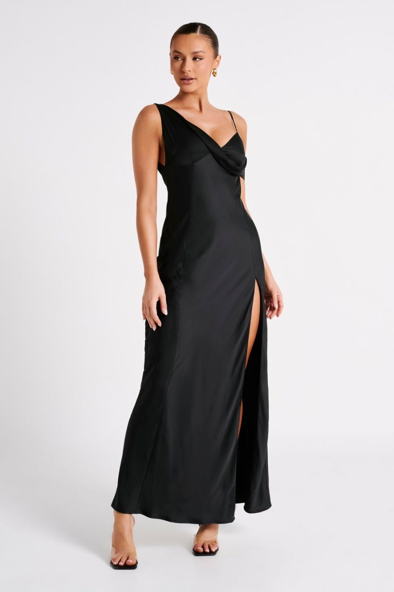 Women's Meshki Soleil Satin Off Shoulder Maxi Dress Black Australia | U6I-0788