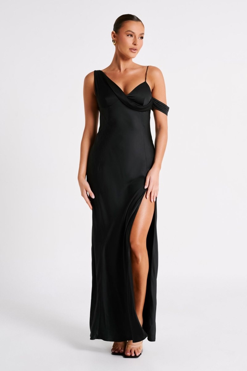 Women\'s Meshki Soleil Satin Off Shoulder Maxi Dress Black Australia | U6I-0788