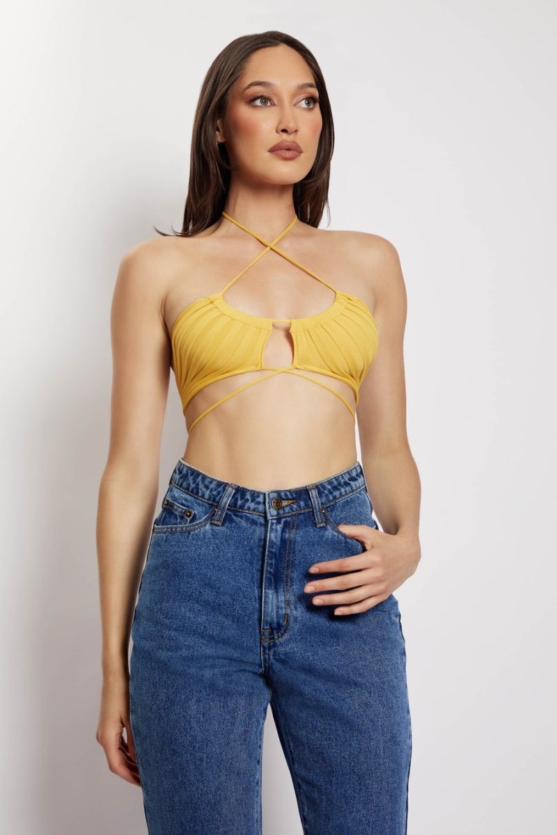 Women's Meshki Stacey Ruched Knit Halter Tops Yellow Australia | V1E-0993