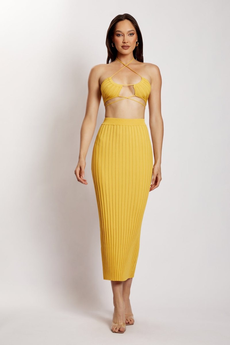 Women's Meshki Stacey Ruched Knit Halter Tops Yellow Australia | V1E-0993