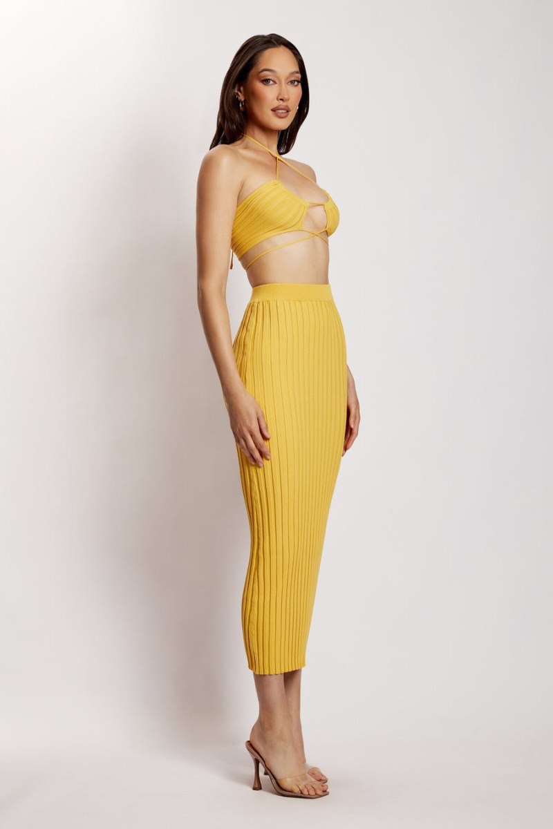 Women's Meshki Stacey Ruched Knit Halter Tops Yellow Australia | V1E-0993