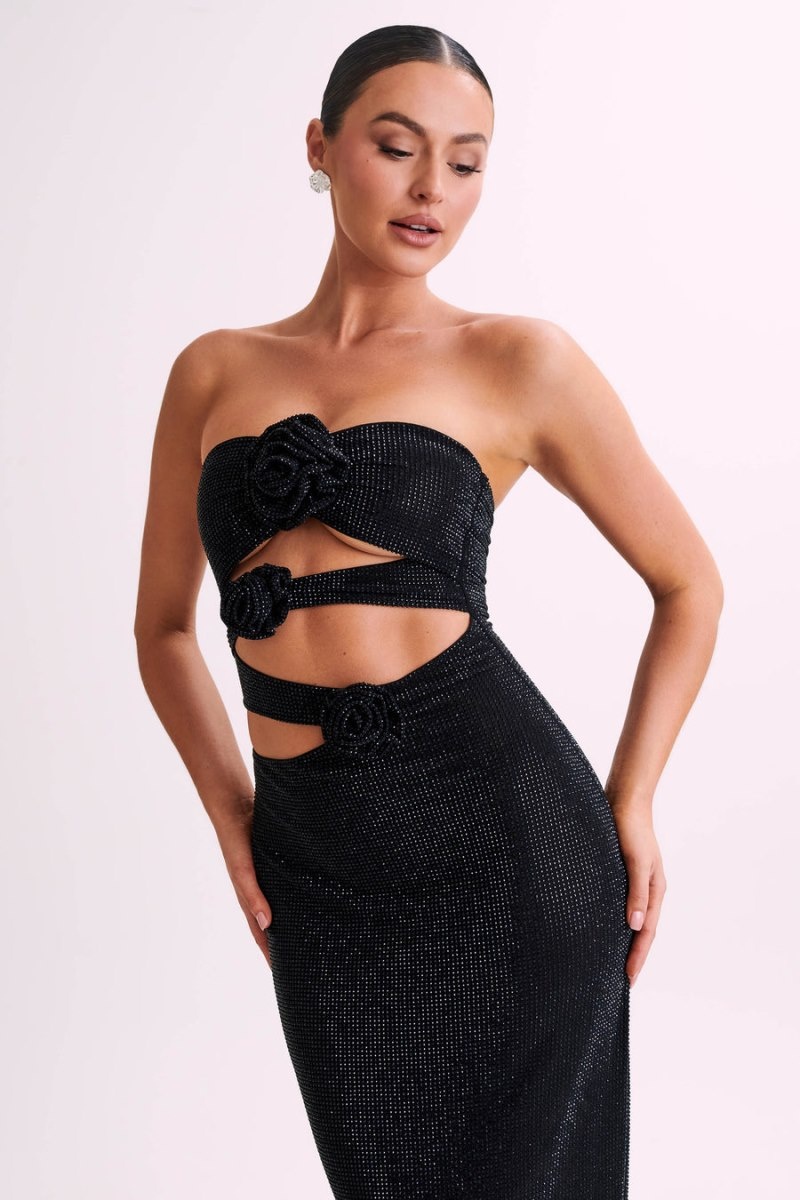 Women's Meshki Stassie Strapless Rose Diamante Maxi Dress Black Australia | B8K-9048