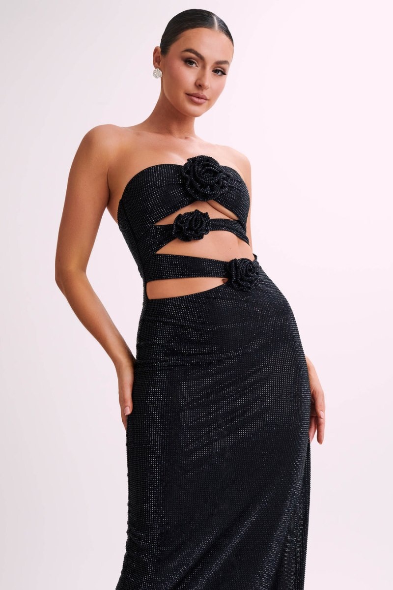 Women's Meshki Stassie Strapless Rose Diamante Maxi Dress Black Australia | B8K-9048