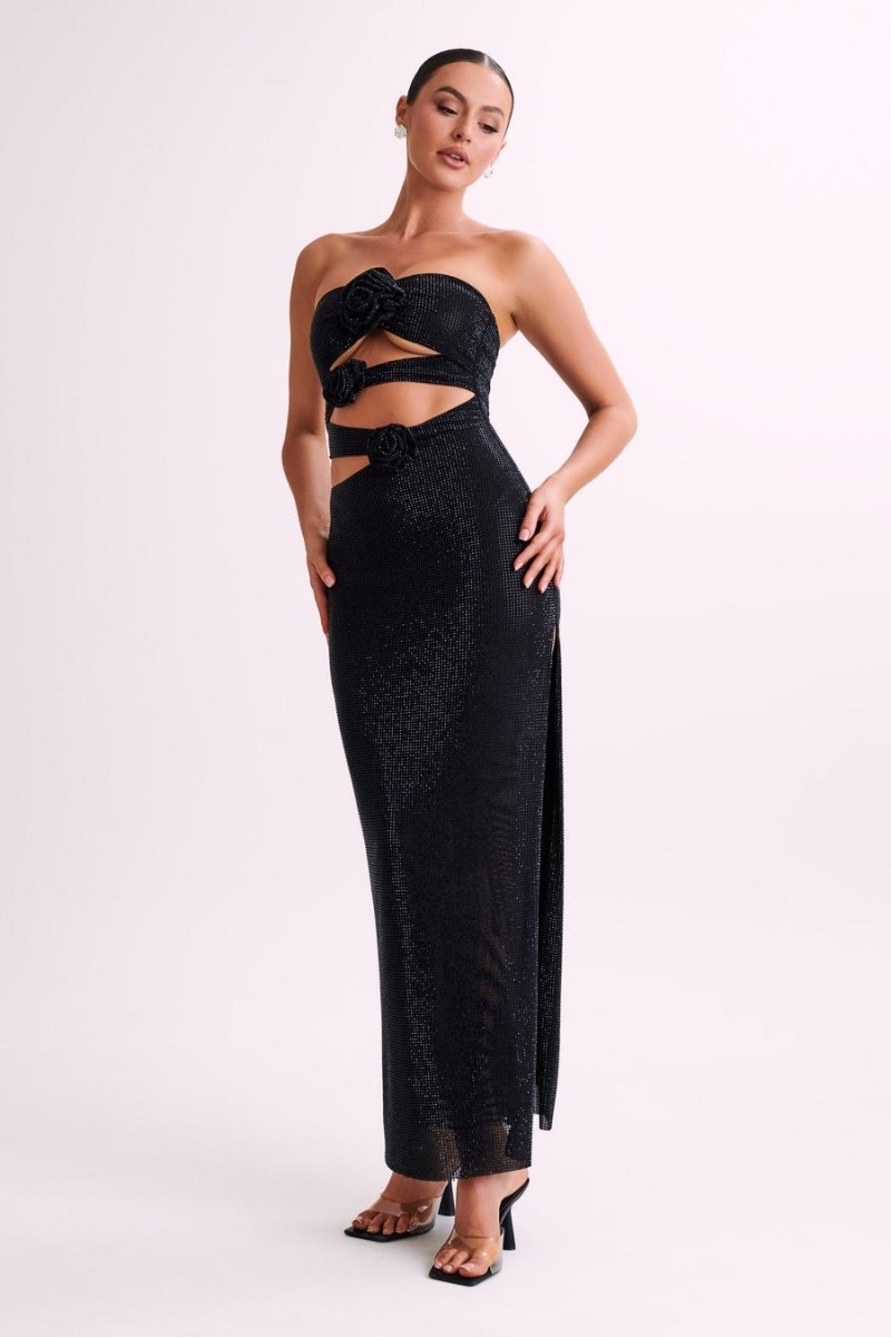 Women's Meshki Stassie Strapless Rose Diamante Maxi Dress Black Australia | B8K-9048