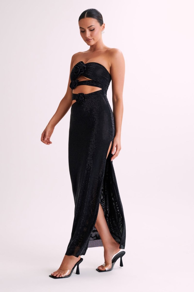 Women's Meshki Stassie Strapless Rose Diamante Maxi Dress Black Australia | B8K-9048