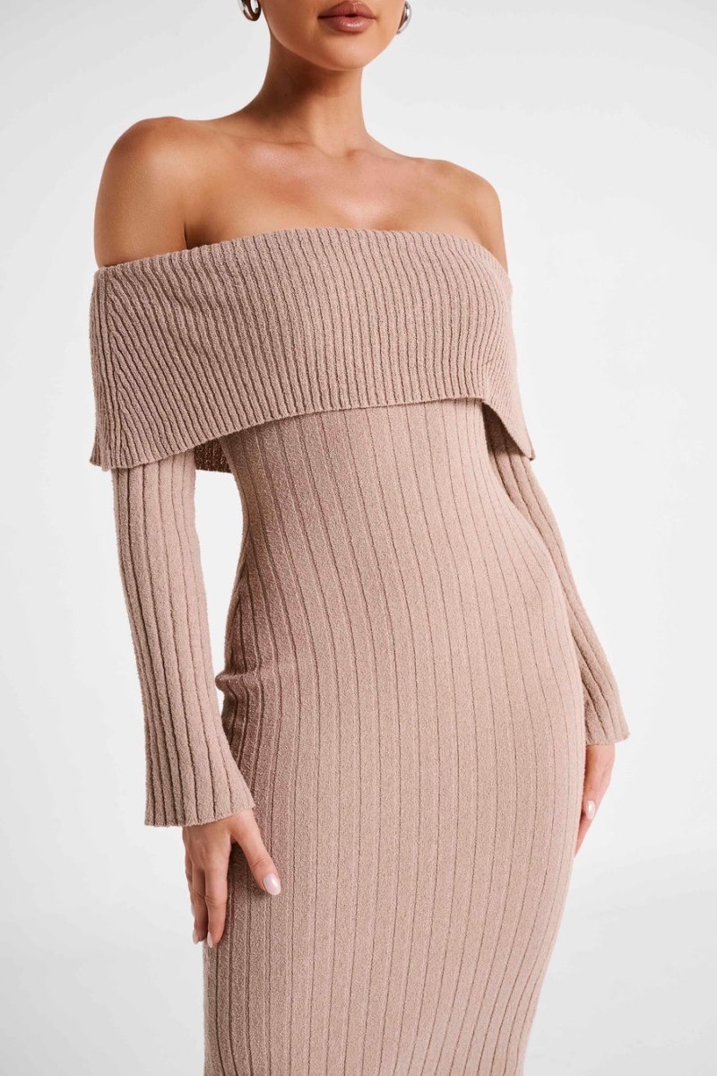 Women's Meshki Stefania Off Shoulder Knit Midi Dress Skin Pink Australia | J4V-9402