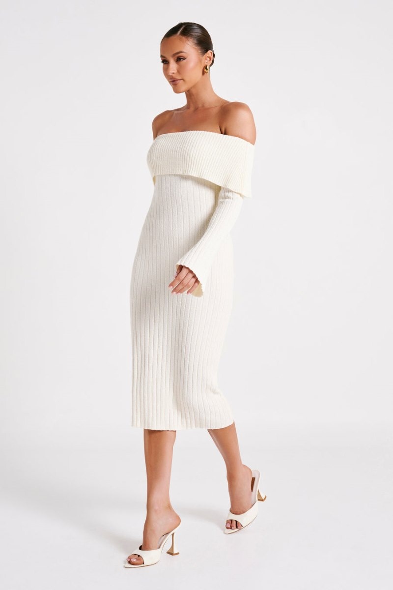 Women's Meshki Stefania Off Shoulder Knit Midi Dress White Australia | T2P-3572