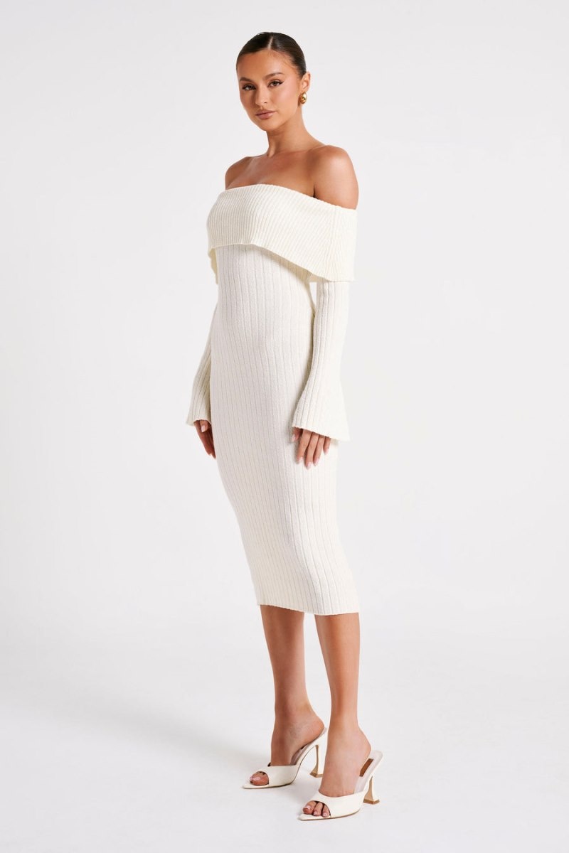 Women's Meshki Stefania Off Shoulder Knit Midi Dress White Australia | T2P-3572