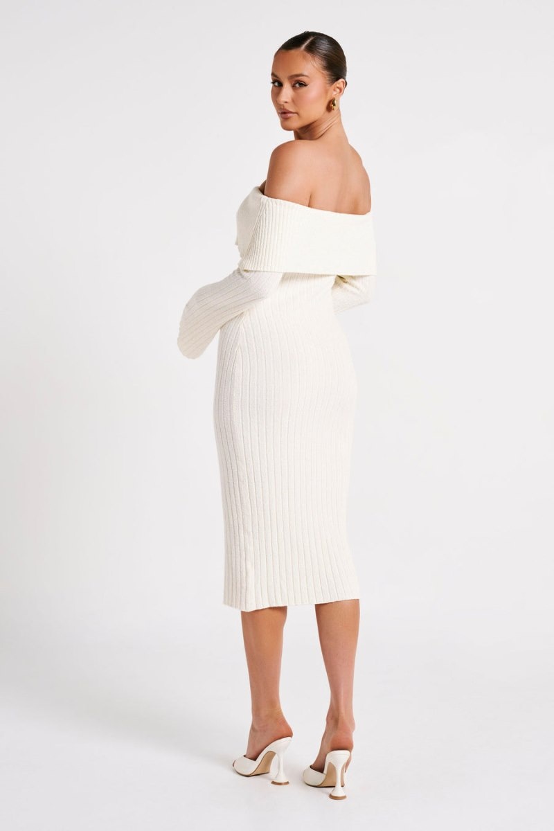 Women's Meshki Stefania Off Shoulder Knit Midi Dress White Australia | T2P-3572