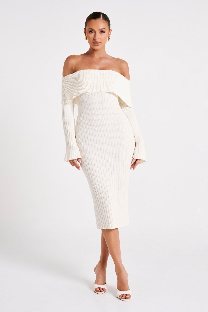 Women\'s Meshki Stefania Off Shoulder Knit Midi Dress White Australia | T2P-3572