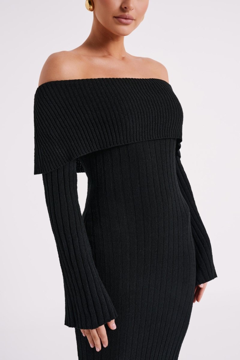 Women's Meshki Stefania Off Shoulder Knit Midi Dress Black Australia | G9E-0644