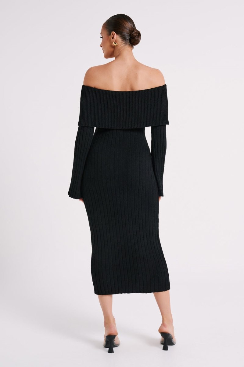 Women's Meshki Stefania Off Shoulder Knit Midi Dress Black Australia | G9E-0644