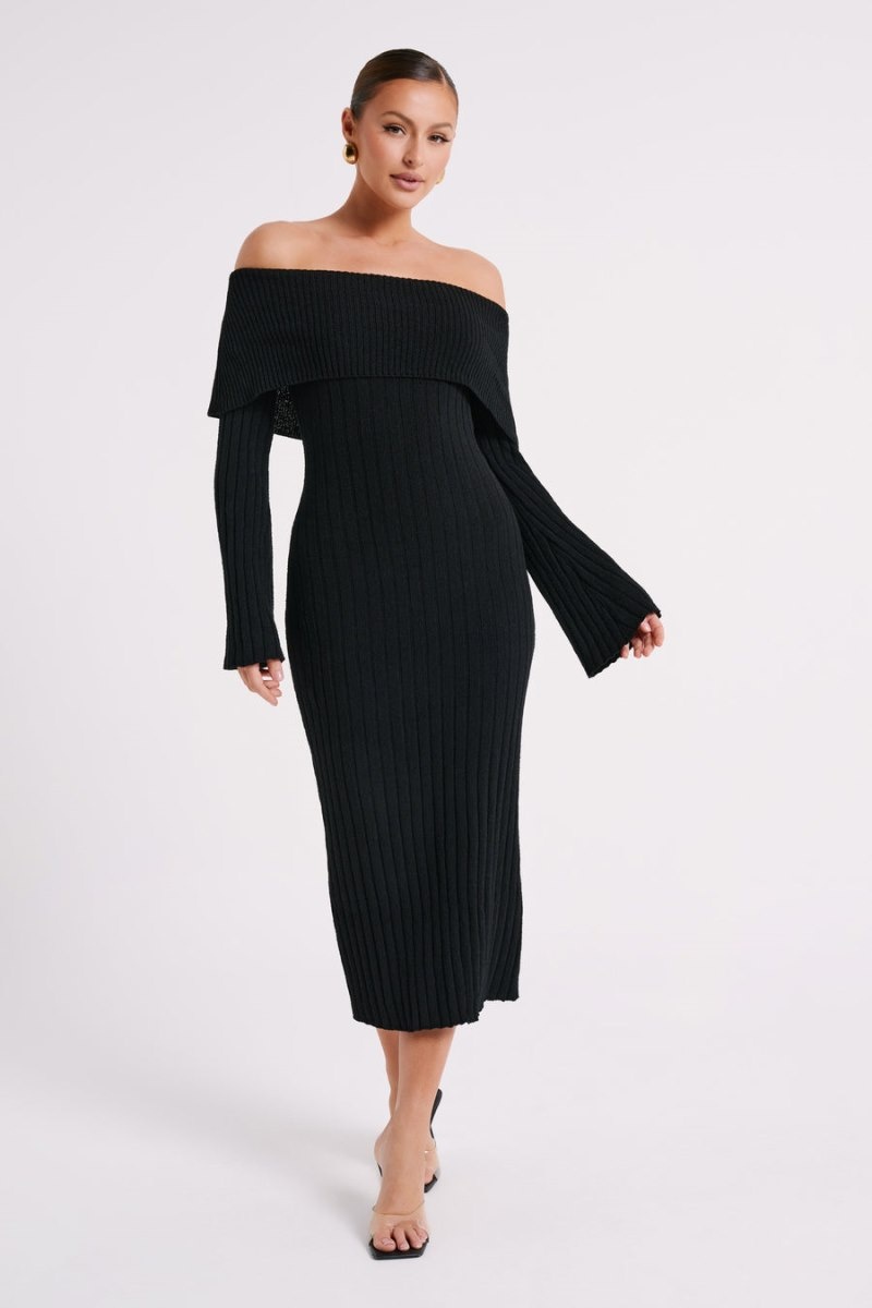 Women's Meshki Stefania Off Shoulder Knit Midi Dress Black Australia | G9E-0644