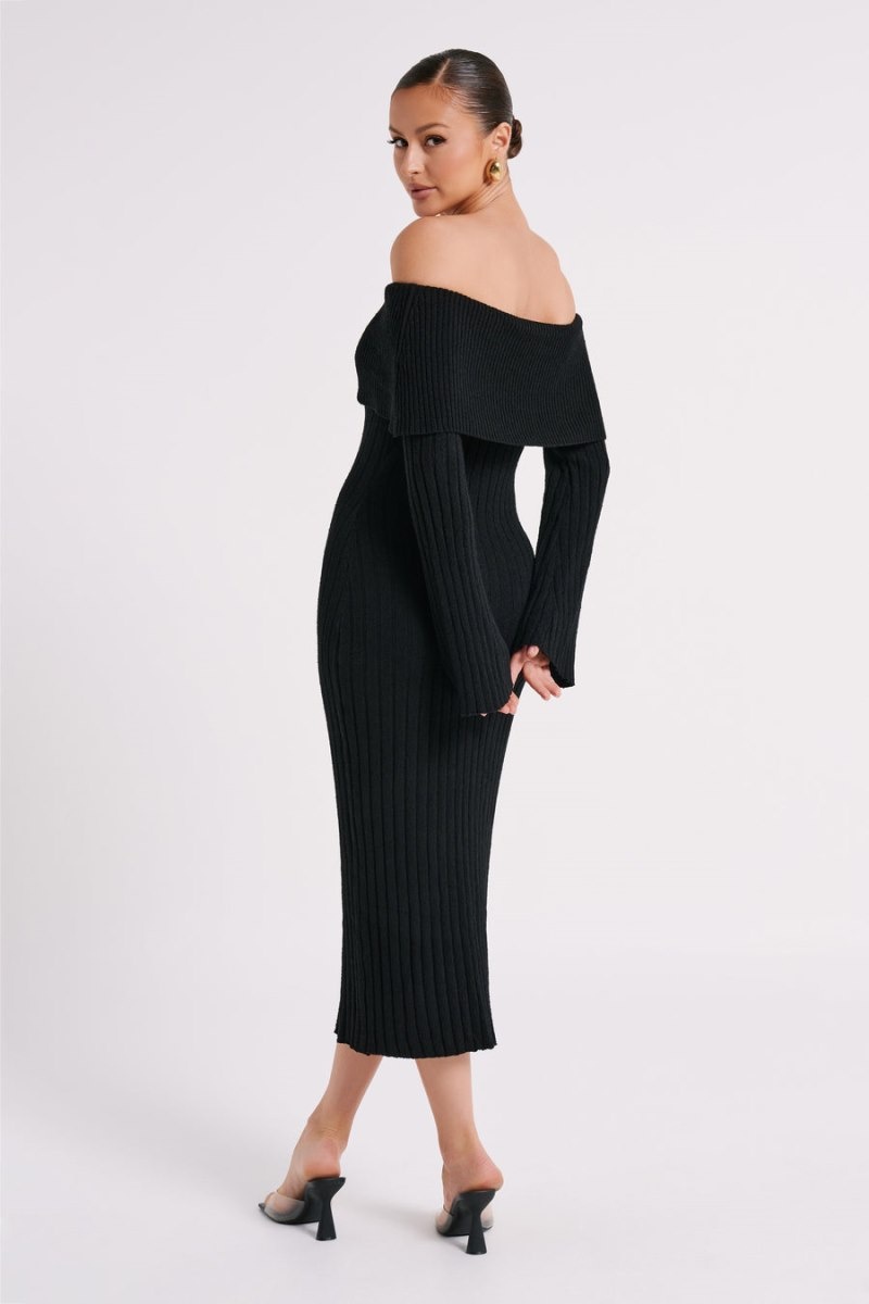 Women's Meshki Stefania Off Shoulder Knit Midi Dress Black Australia | G9E-0644