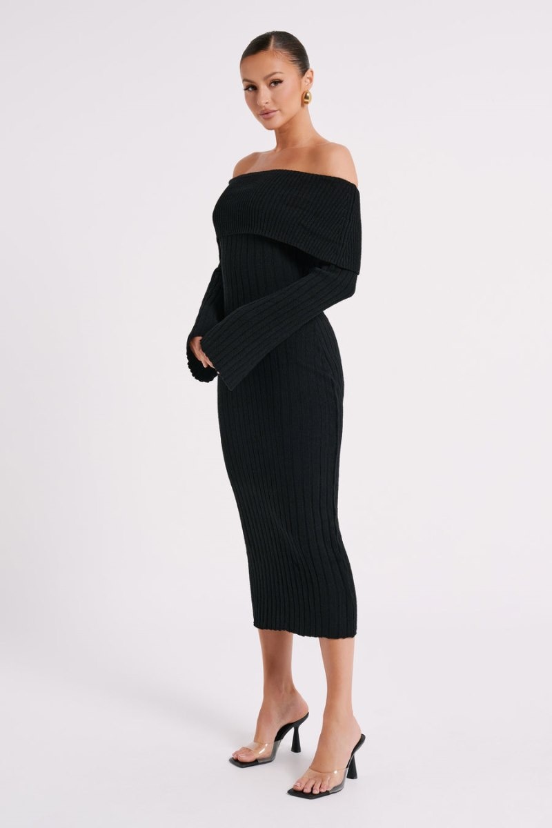 Women's Meshki Stefania Off Shoulder Knit Midi Dress Black Australia | G9E-0644