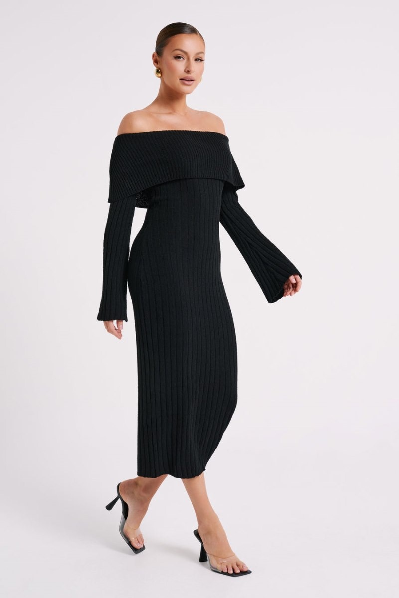 Women's Meshki Stefania Off Shoulder Knit Midi Dress Black Australia | G9E-0644