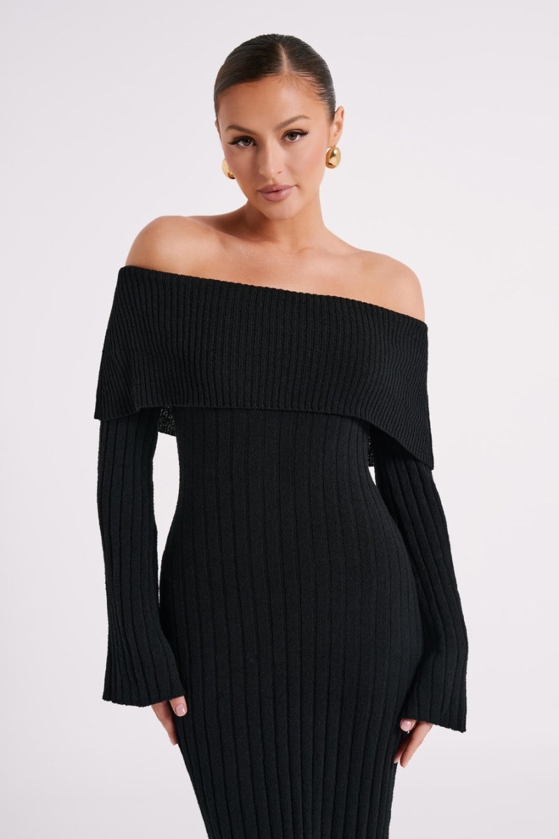 Women's Meshki Stefania Off Shoulder Knit Midi Dress Black Australia | G9E-0644