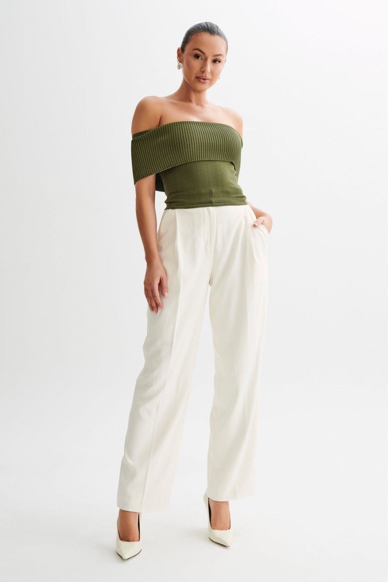 Women's Meshki Susanna Off Shoulder Knit Tops Olive Australia | X2Z-5255