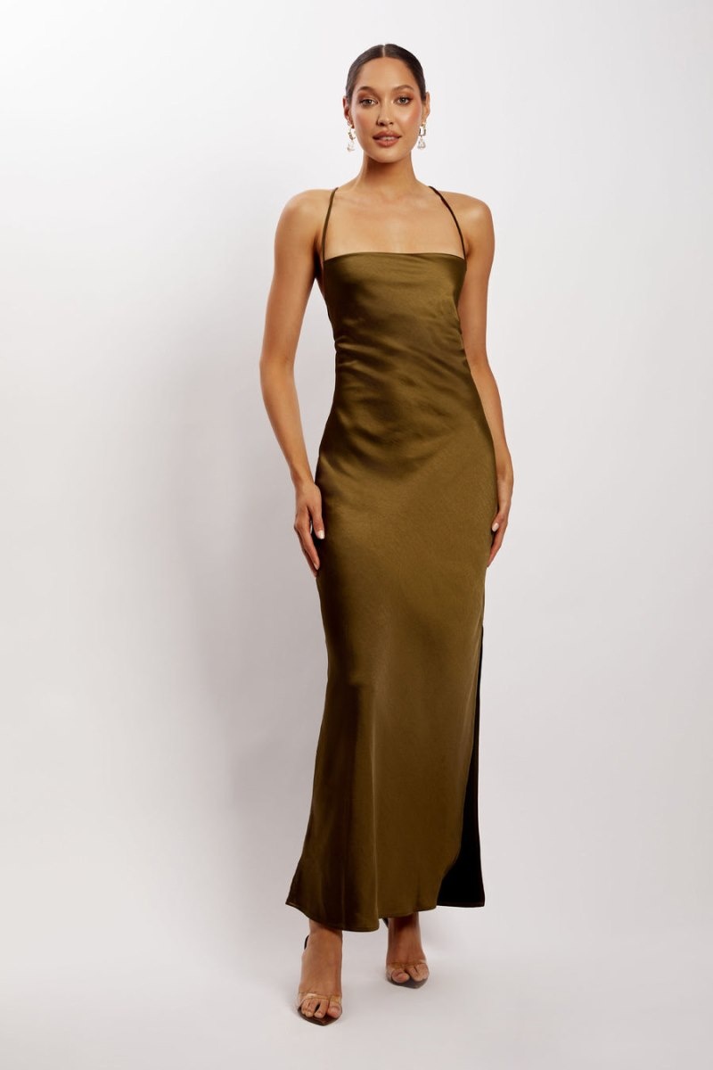 Women's Meshki Sydney Straight Neck Slip Maxi Dress Khaki Australia | F1H-1282