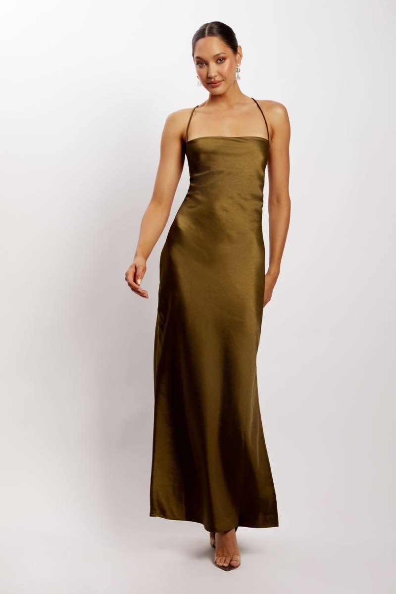 Women's Meshki Sydney Straight Neck Slip Maxi Dress Khaki Australia | F1H-1282