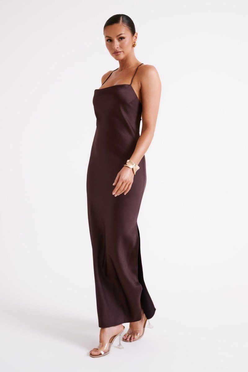 Women's Meshki Sydney Straight Neck Slip Maxi Dress Chocolate Australia | S0Q-5769