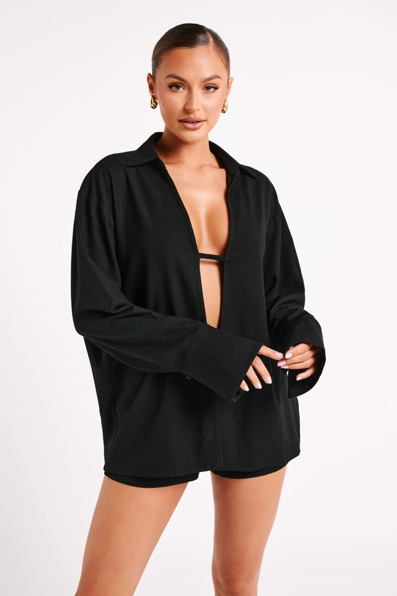 Women\'s Meshki Tasha Oversized Linen Shirts Black Australia | A5K-0606