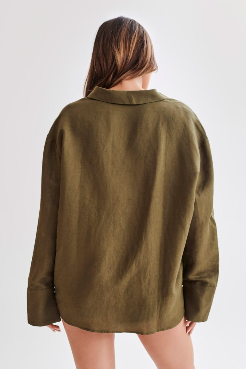 Women's Meshki Tasha Oversized Linen Shirts Khaki Australia | R8J-3689