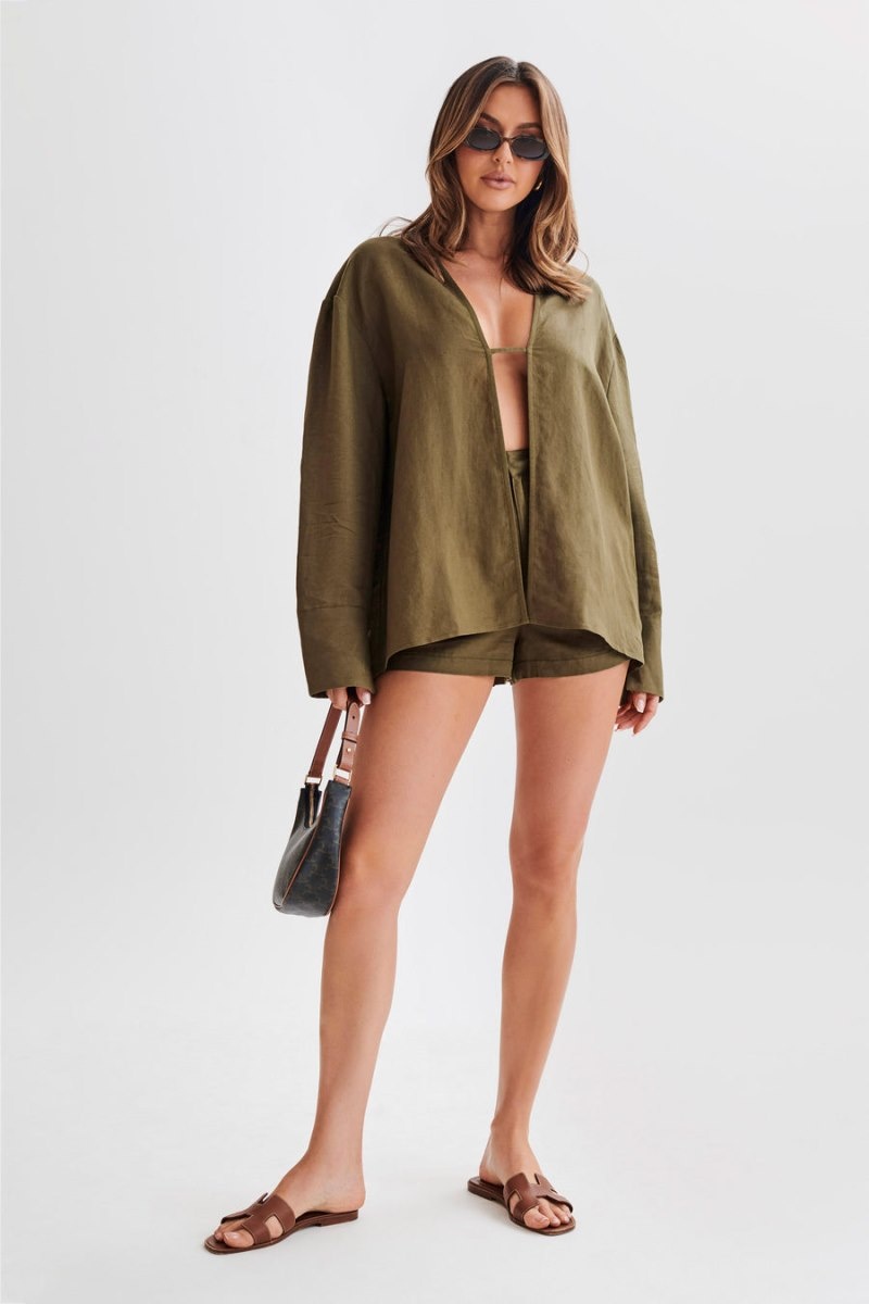 Women's Meshki Tasha Oversized Linen Shirts Khaki Australia | R8J-3689