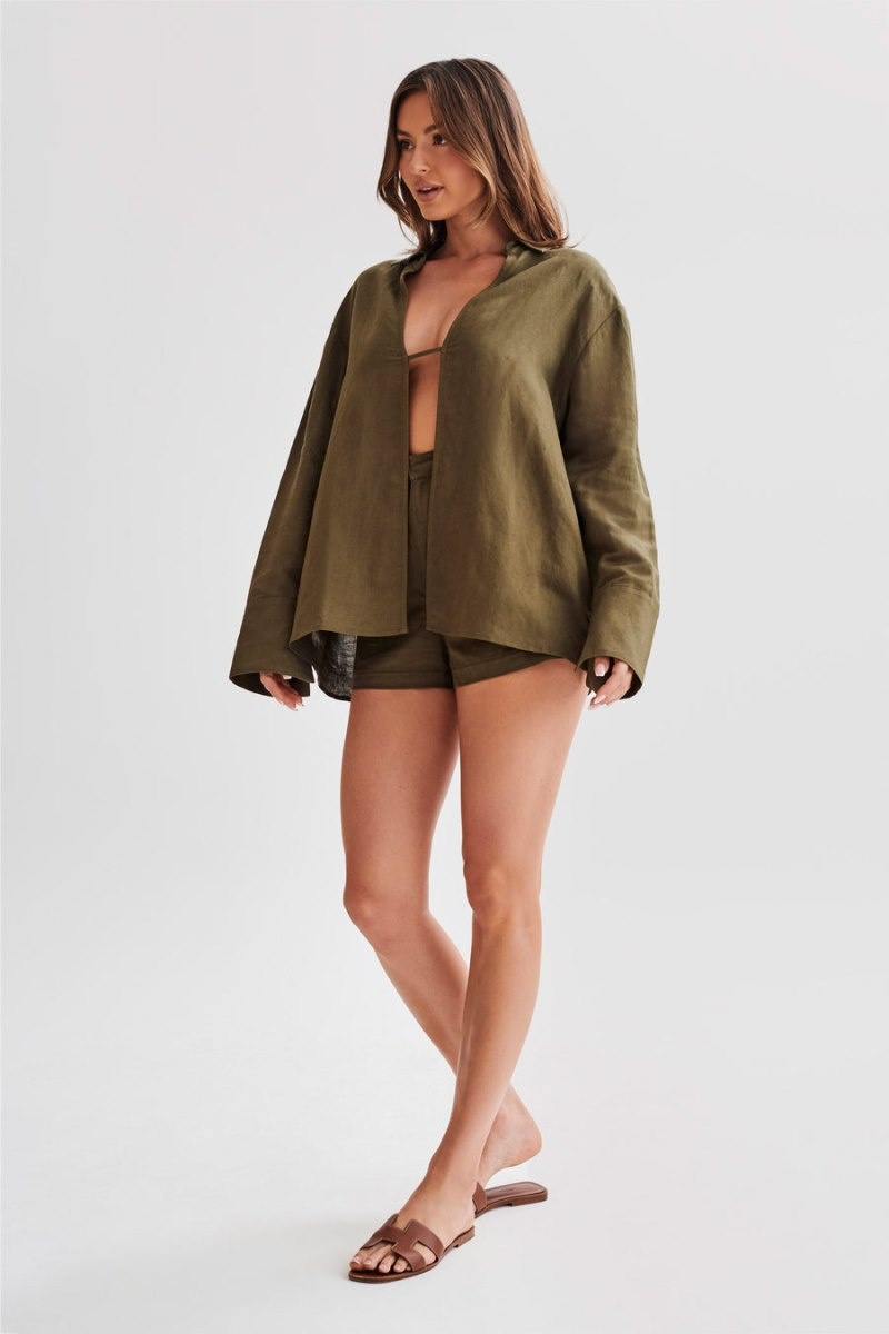 Women's Meshki Tasha Oversized Linen Shirts Khaki Australia | R8J-3689