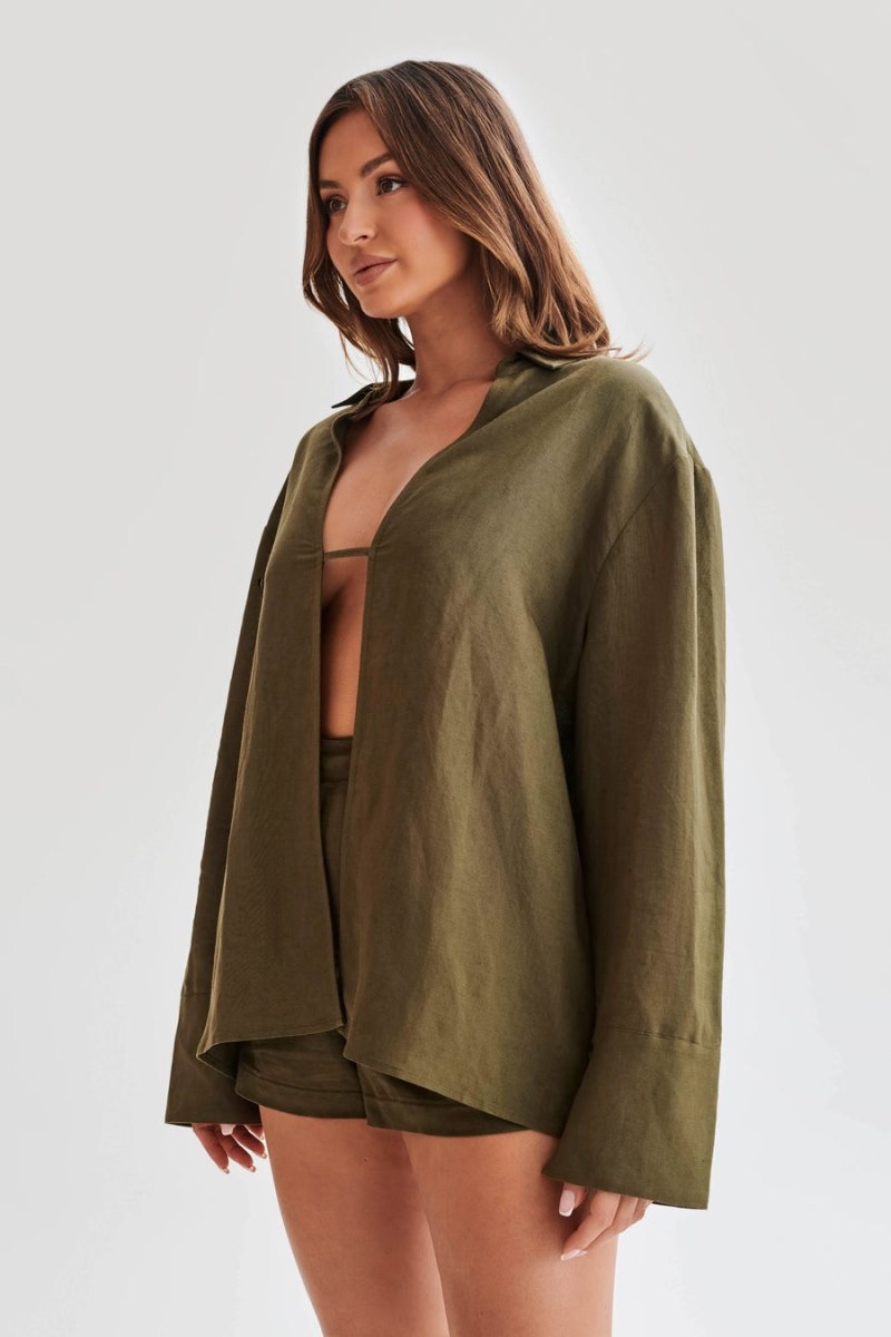 Women's Meshki Tasha Oversized Linen Shirts Khaki Australia | R8J-3689