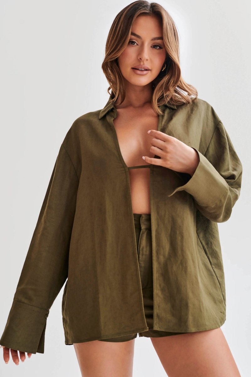 Women's Meshki Tasha Oversized Linen Shirts Khaki Australia | R8J-3689