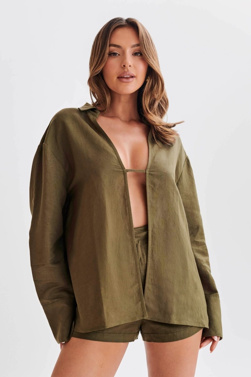 Women\'s Meshki Tasha Oversized Linen Shirts Khaki Australia | R8J-3689