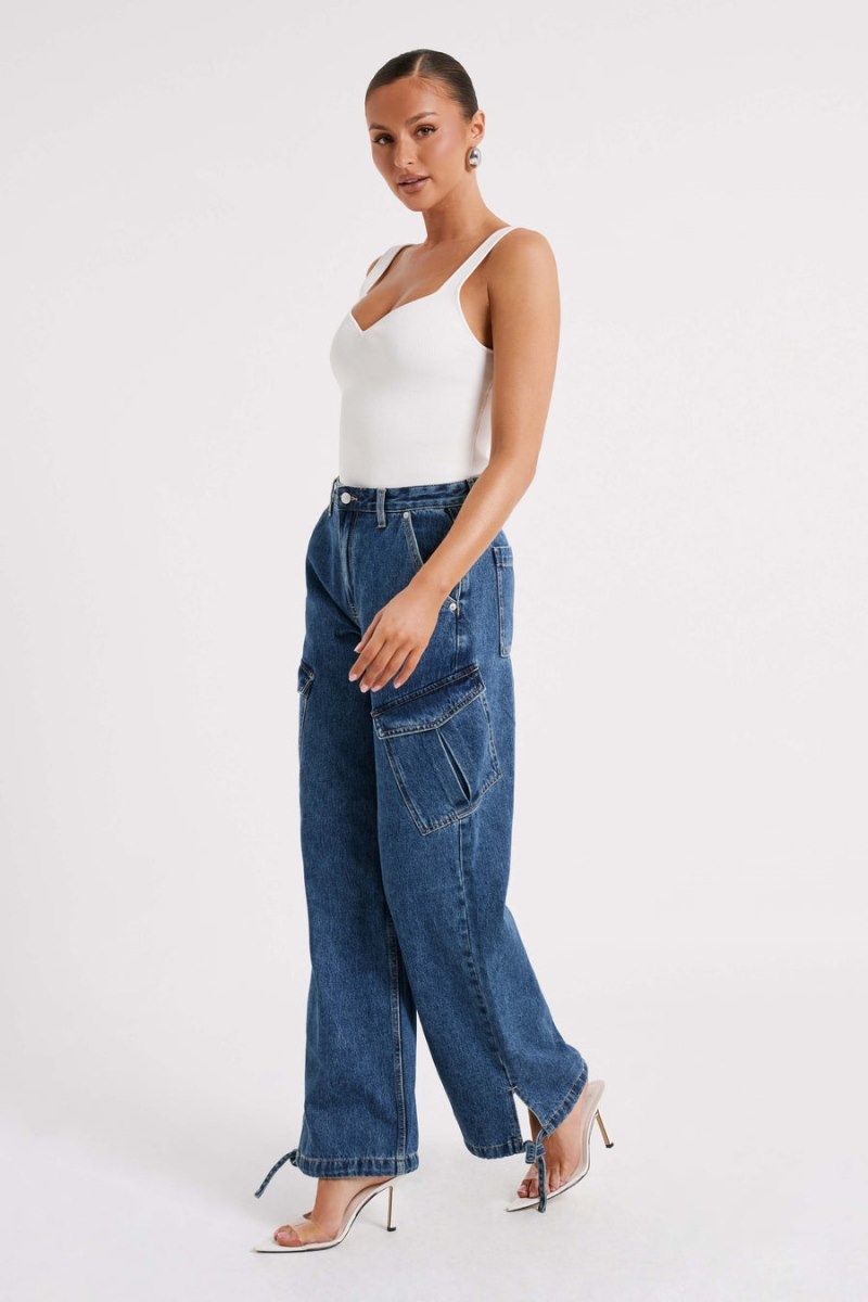 Women's Meshki Thelma Relaxed Denim Cargo Pants Dark Blue Australia | R1C-6485