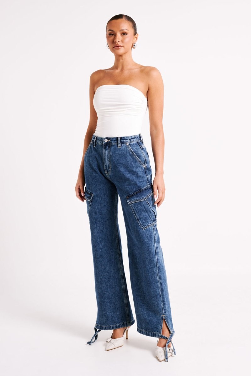 Women's Meshki Thelma Relaxed Denim Cargo Pants Dark Blue Australia | R1C-6485