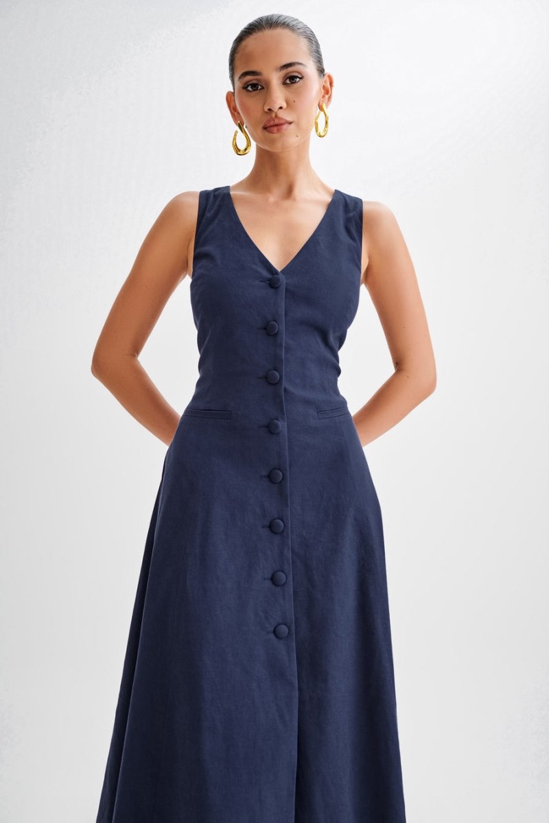 Women's Meshki Theodora Cotton Buttoned Midi Dress Navy Australia | P1X-4493