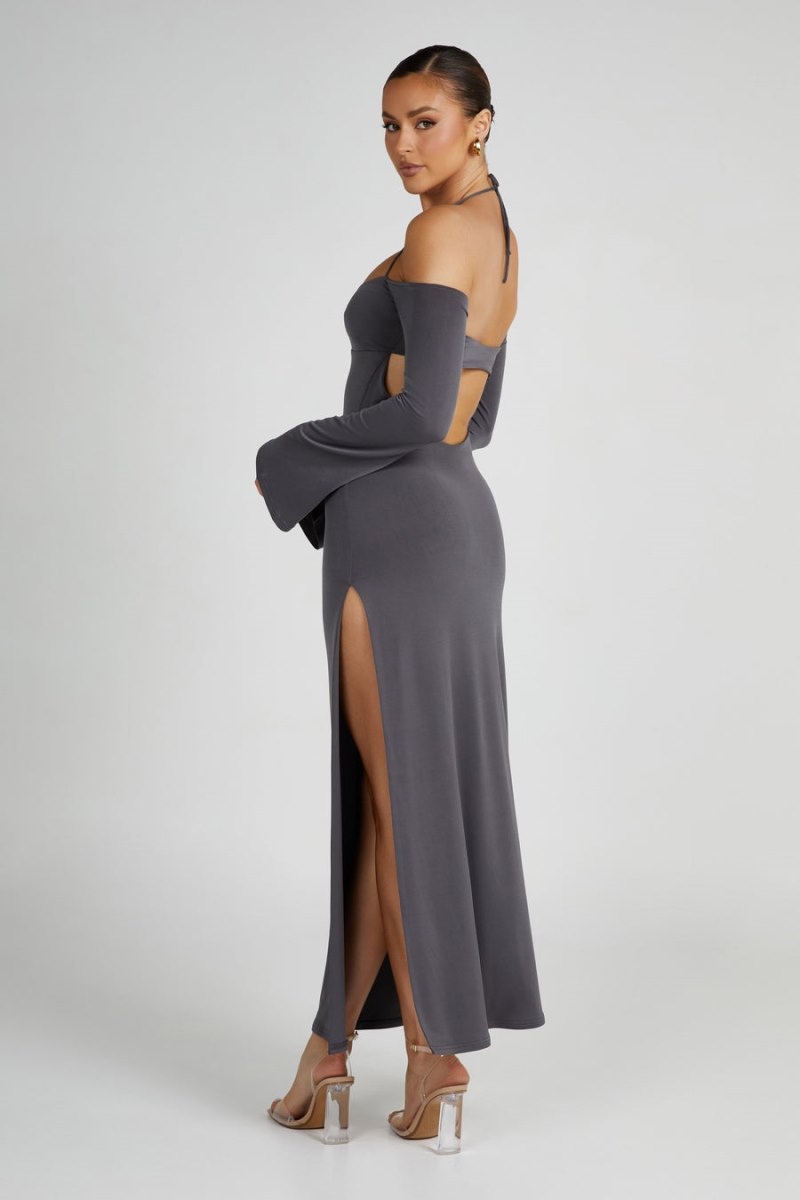 Women's Meshki Tia Slinky Off Shoulder Maxi Dress Deep Grey Australia | W9H-6947