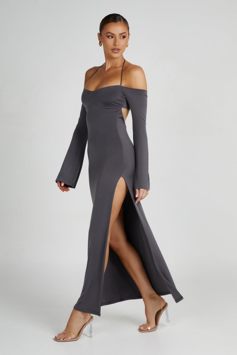 Women's Meshki Tia Slinky Off Shoulder Maxi Dress Deep Grey Australia | W9H-6947