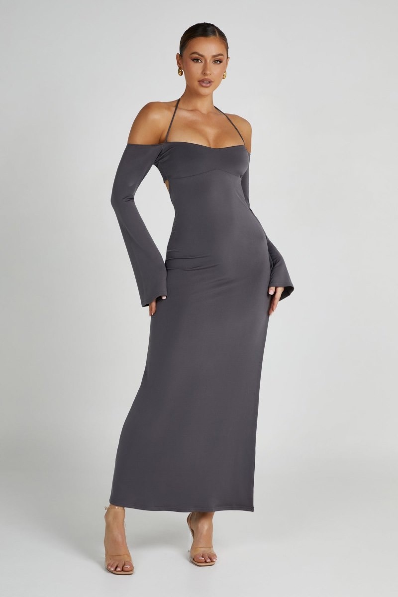 Women\'s Meshki Tia Slinky Off Shoulder Maxi Dress Deep Grey Australia | W9H-6947