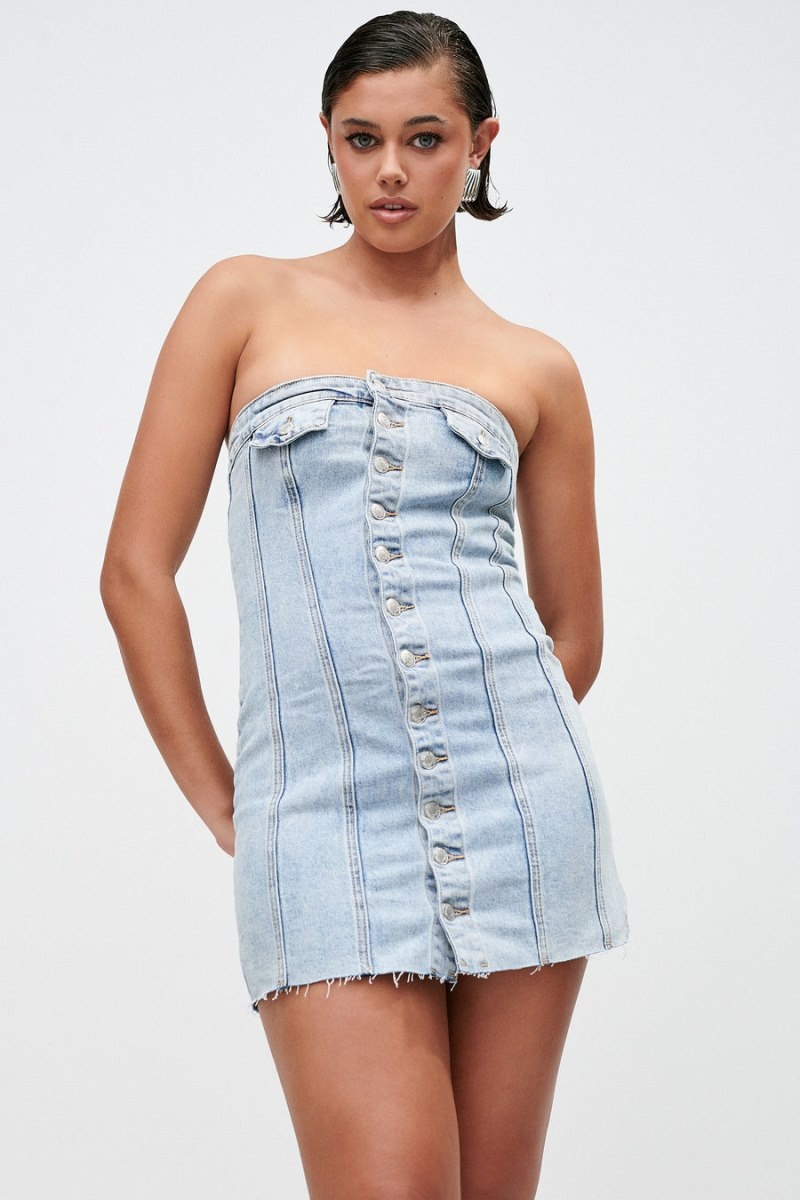 Women's Meshki Tiani Buttoned Denim Mini Dress Light Blue Australia | D1S-0257