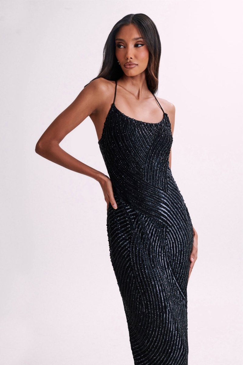 Women's Meshki Tierra Sequin Maxi Dress Black Australia | E0L-7949