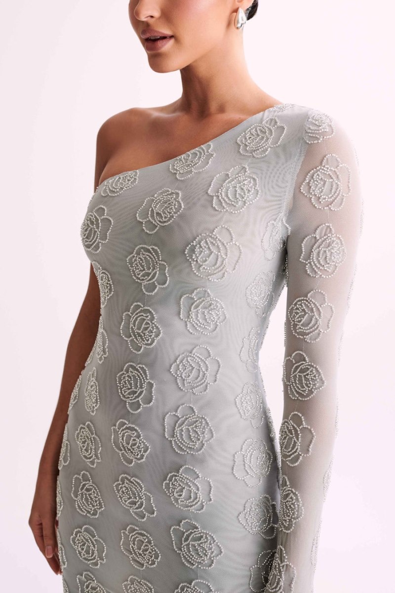 Women's Meshki Tinsley Rose Beaded One Shoulder Micro Mini Dress Silver Australia | P5C-2122