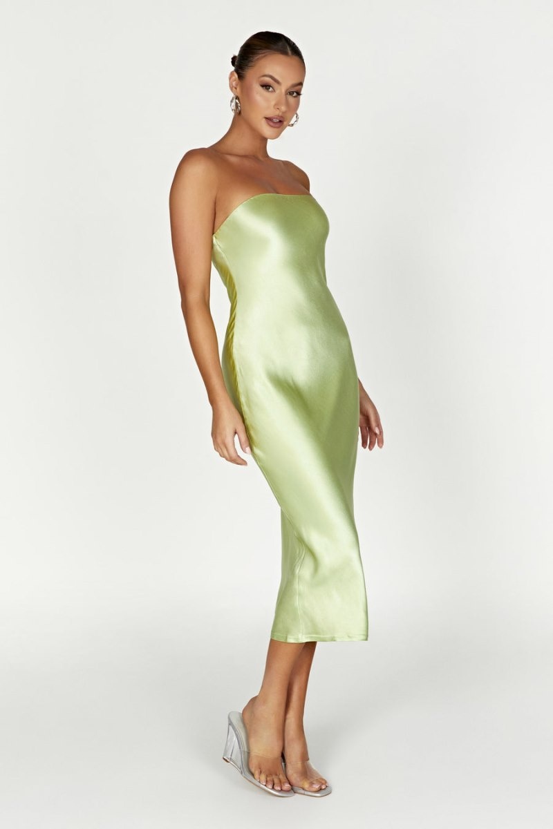 Women's Meshki Tyler Strapless Satin Midi Dress Green Australia | A2D-4728