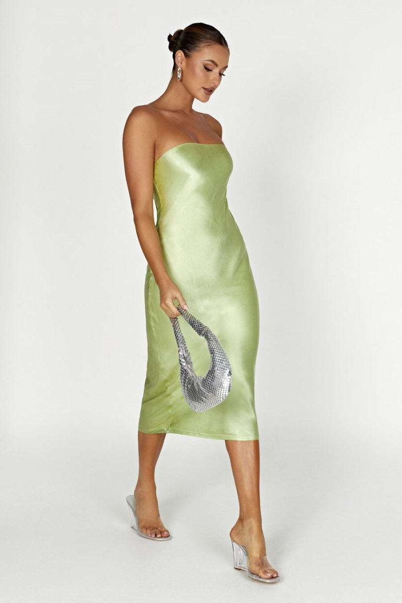 Women's Meshki Tyler Strapless Satin Midi Dress Green Australia | A2D-4728