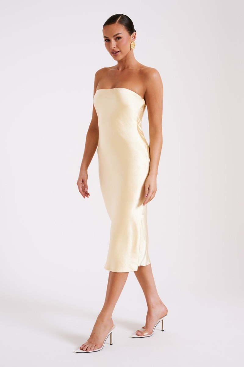 Women's Meshki Tyler Strapless Satin Midi Dress Light Yellow Australia | R7M-2039