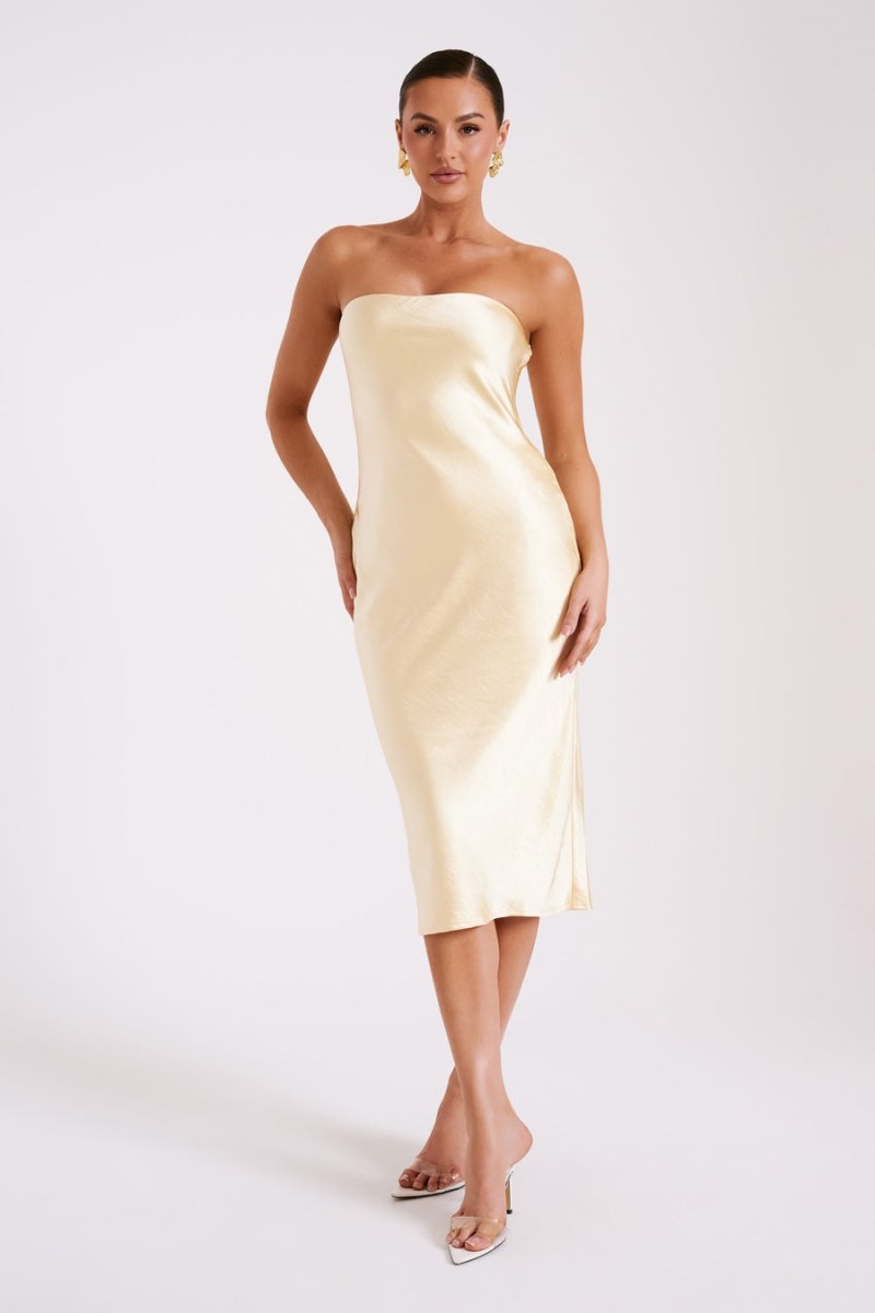 Women's Meshki Tyler Strapless Satin Midi Dress Light Yellow Australia | R7M-2039