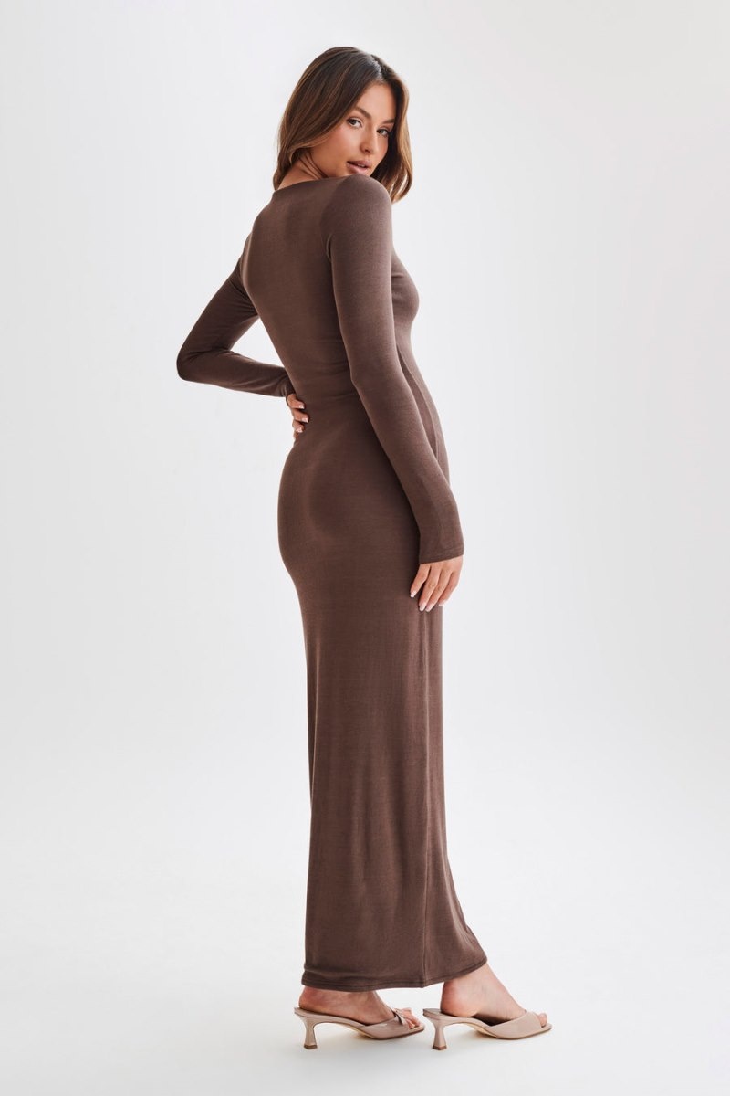 Women's Meshki Vanessa Modal Long Sleeve Midi Dress Chocolate Australia | G2D-2566