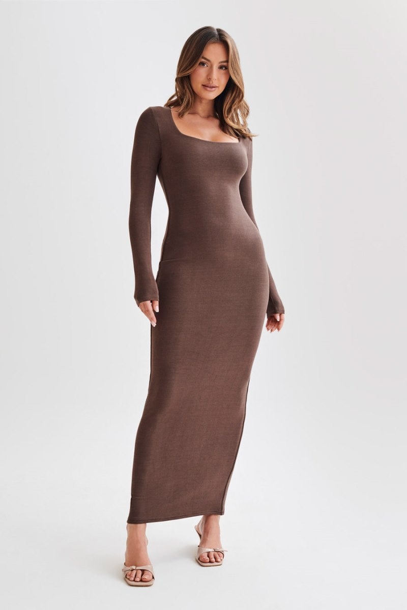 Women's Meshki Vanessa Modal Long Sleeve Midi Dress Chocolate Australia | G2D-2566