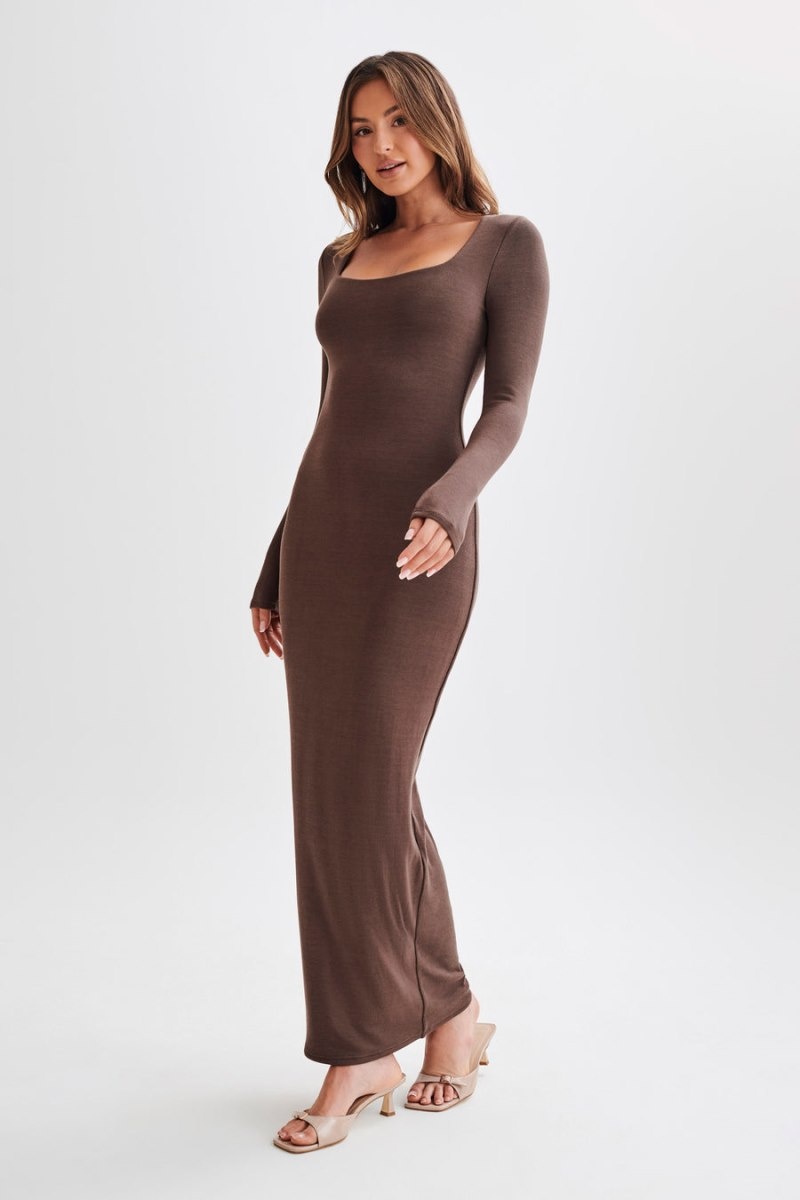 Women's Meshki Vanessa Modal Long Sleeve Midi Dress Chocolate Australia | G2D-2566