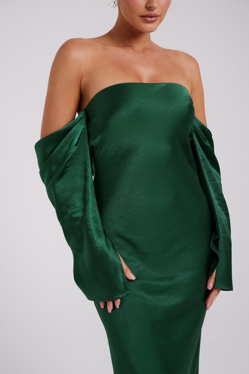 Women's Meshki Vee Off Shoulder Satin Midi Dress Green Australia | X6N-5442