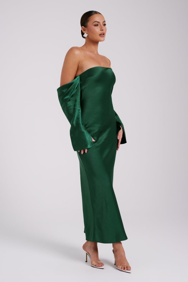 Women's Meshki Vee Off Shoulder Satin Midi Dress Green Australia | X6N-5442